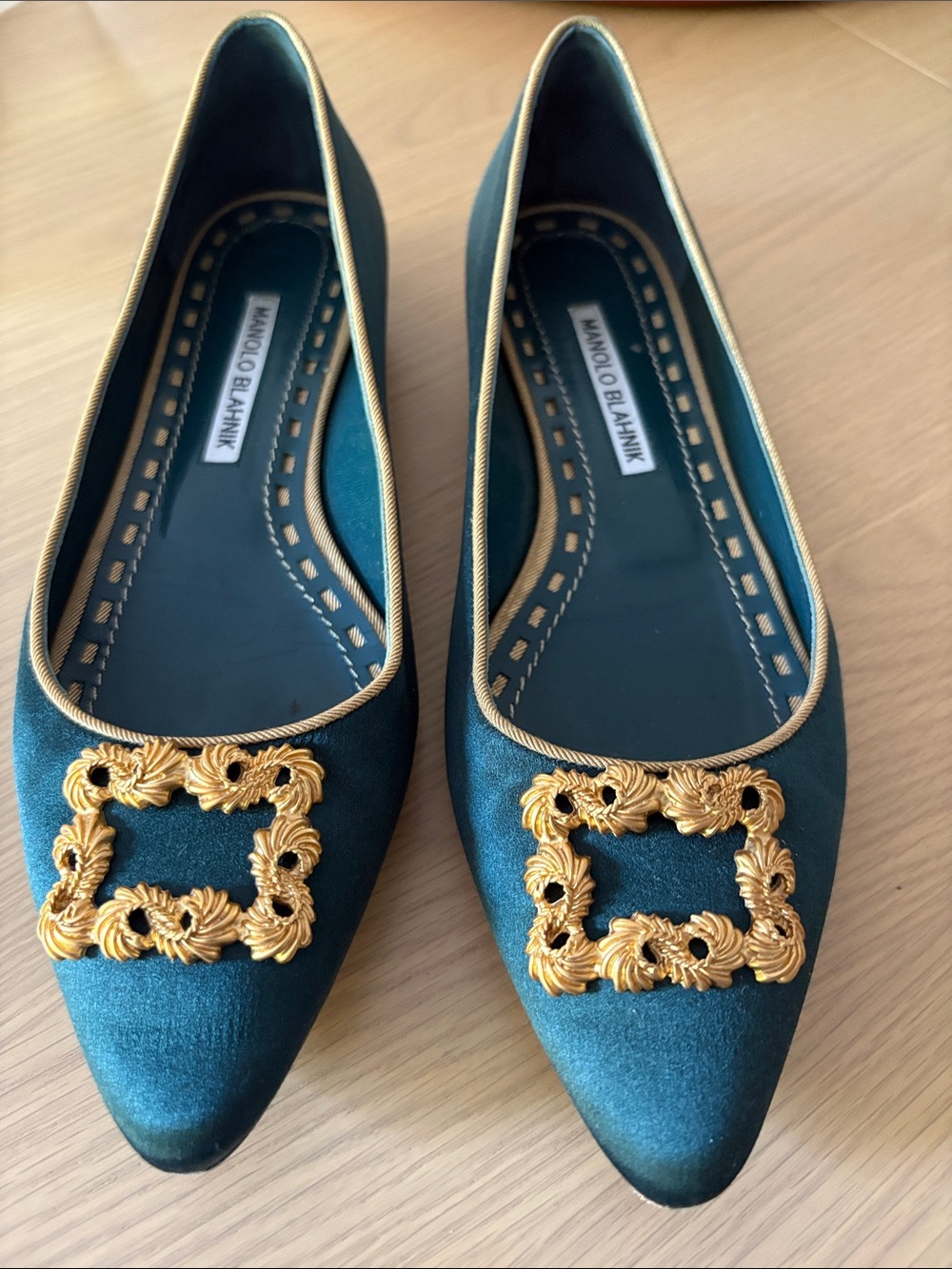 Manolo Blahnik Pointed Satin Flats with Gold Embellishment
